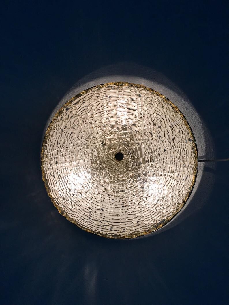 Impressive Mid Century Modern brass and ice glass ceiling lamp