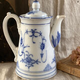 Sarreguemines 19th century white and blue coffee pot and pitcher