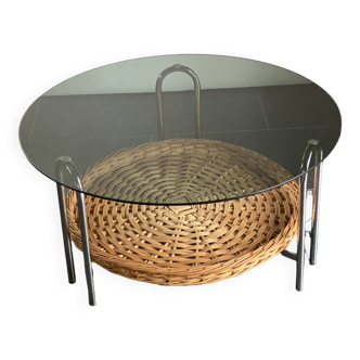 Round Glass Coffee Table with Wicker Rack