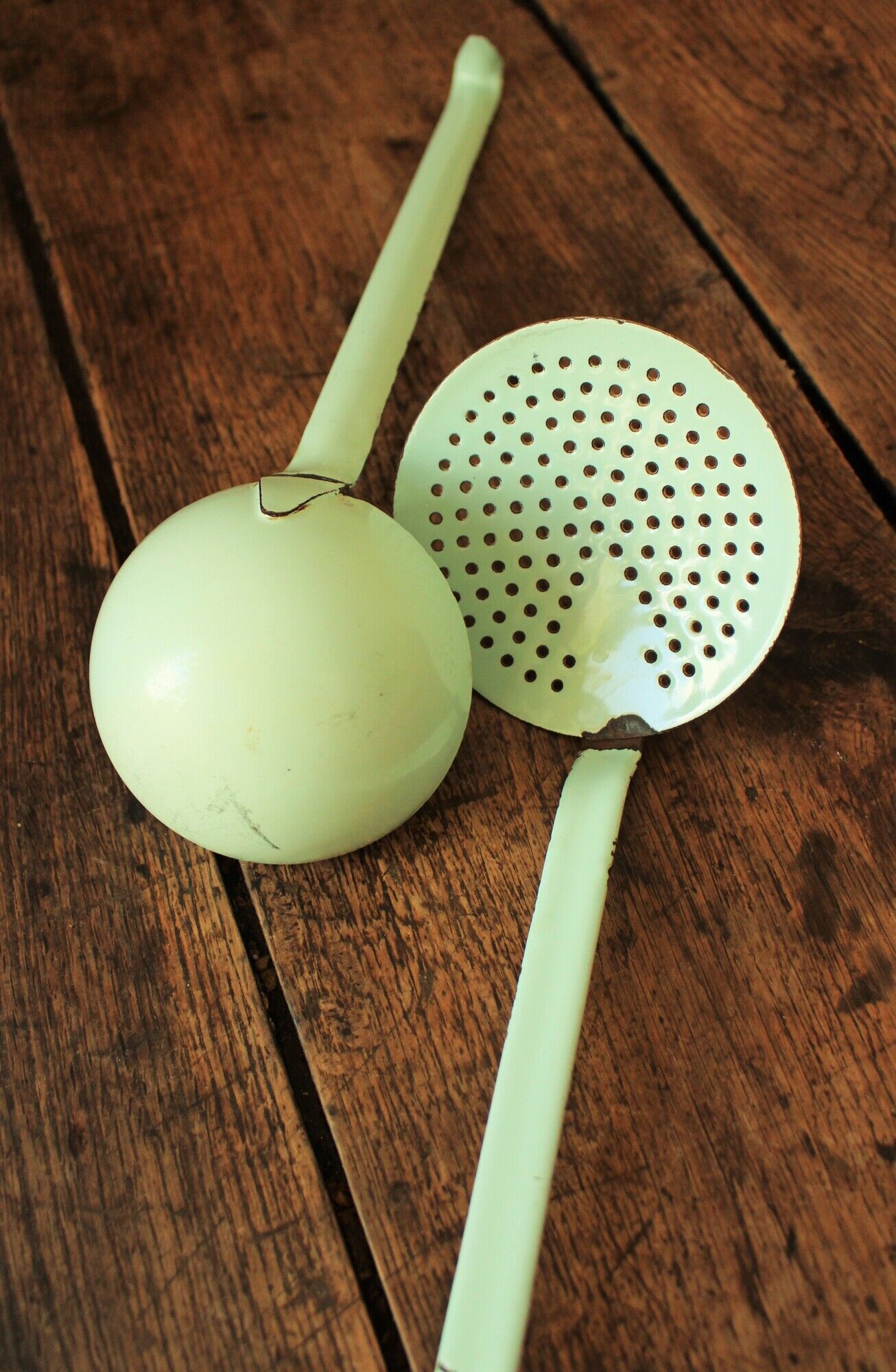 A skimmer and a ladle to hang Vintage mint enamelled sheet metal