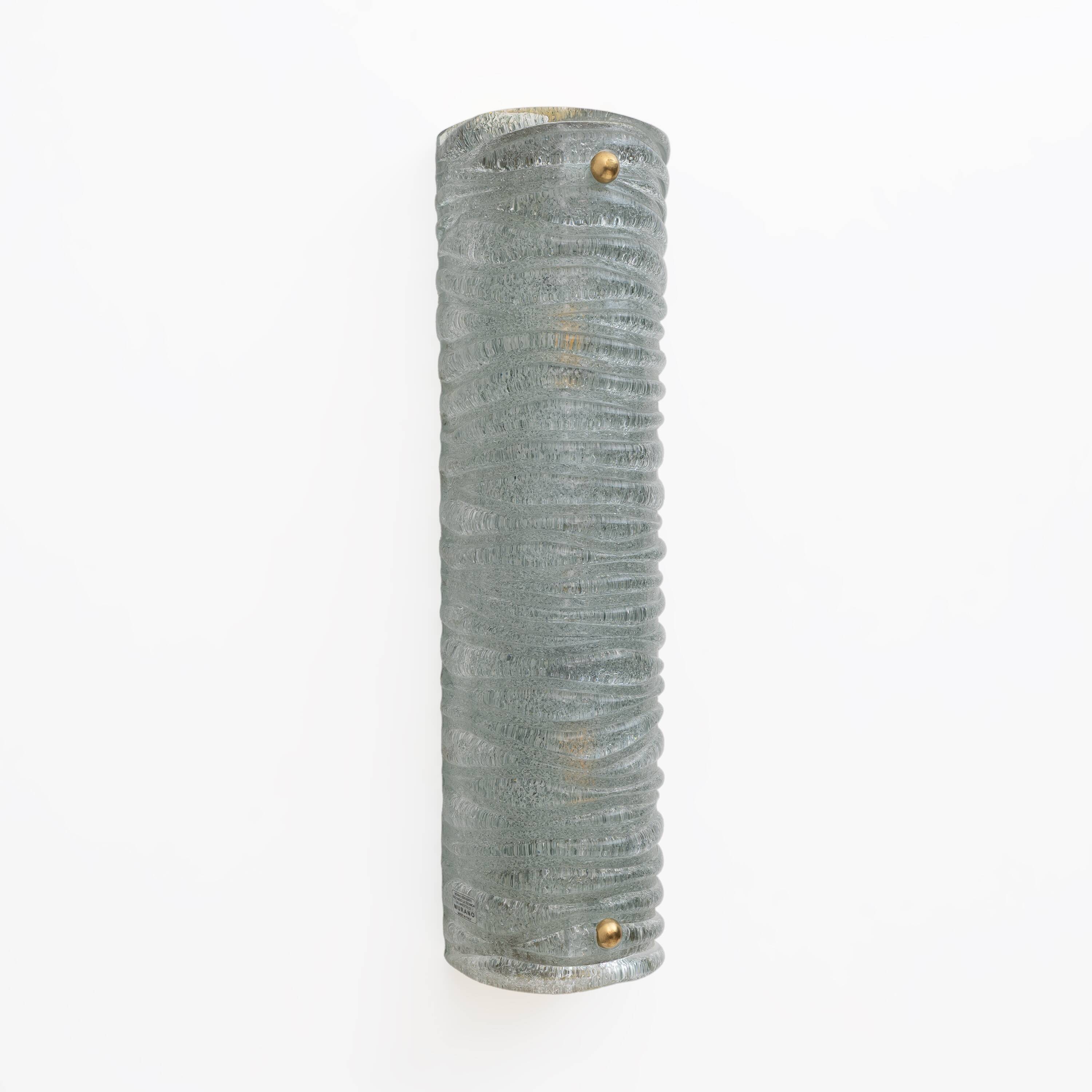 Pair of Barovier & Toso Art Deco Brass and Aquamarine Murano Glass Sconces