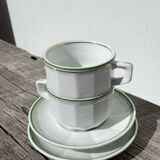 Pair of vintage Apilco style bistro cups in white and green ceramic