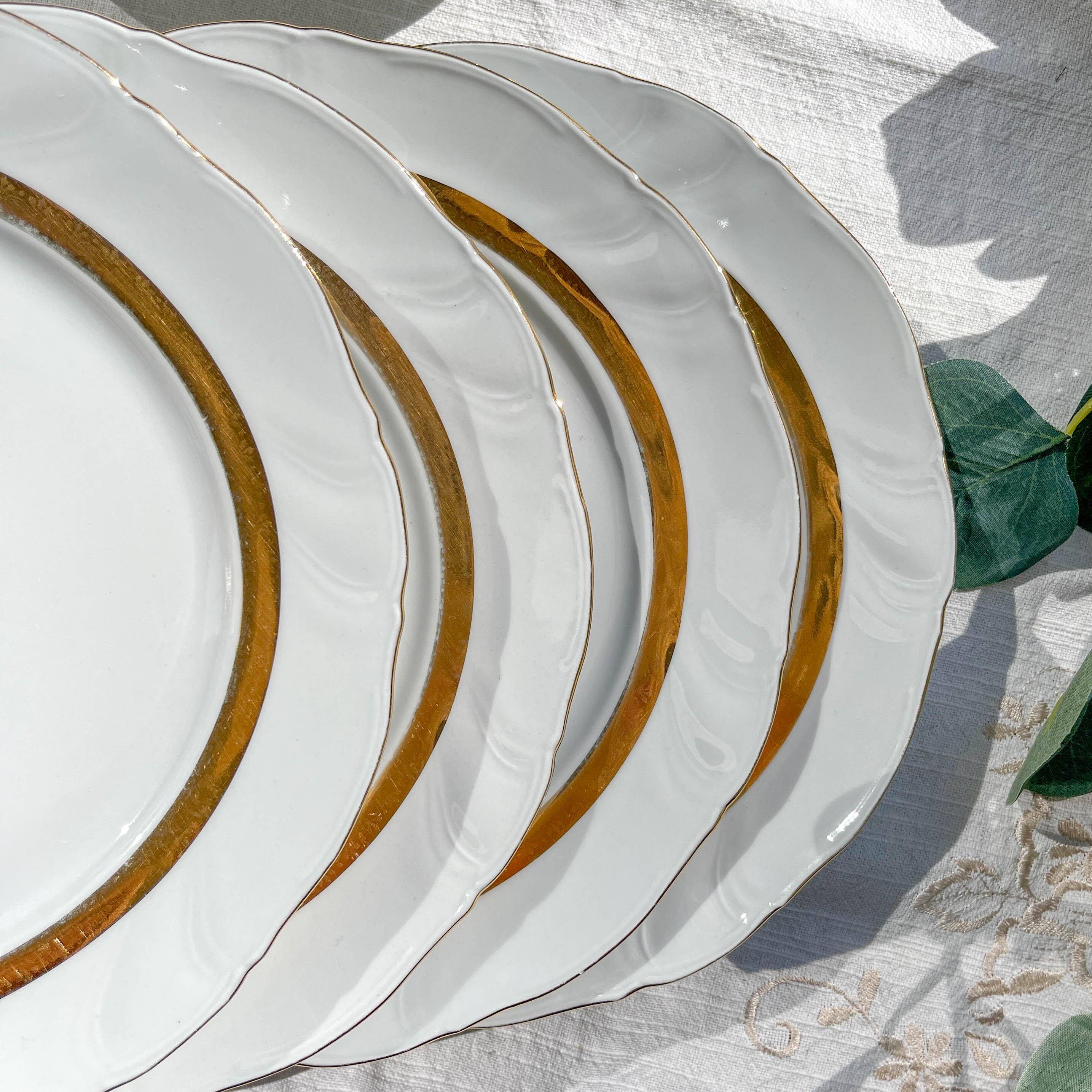 6 Vintage White and Gold Porcelain Dinner Plates Limoge France ADP "Ariane" - Elegant Antique French Tableware