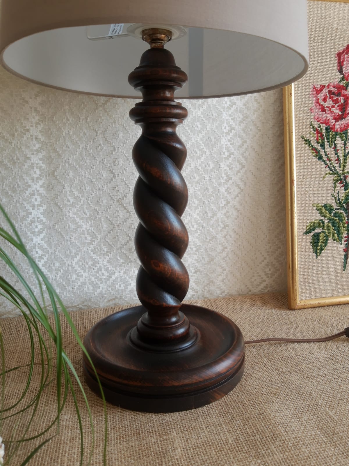 Turned wooden table lamp - vintage