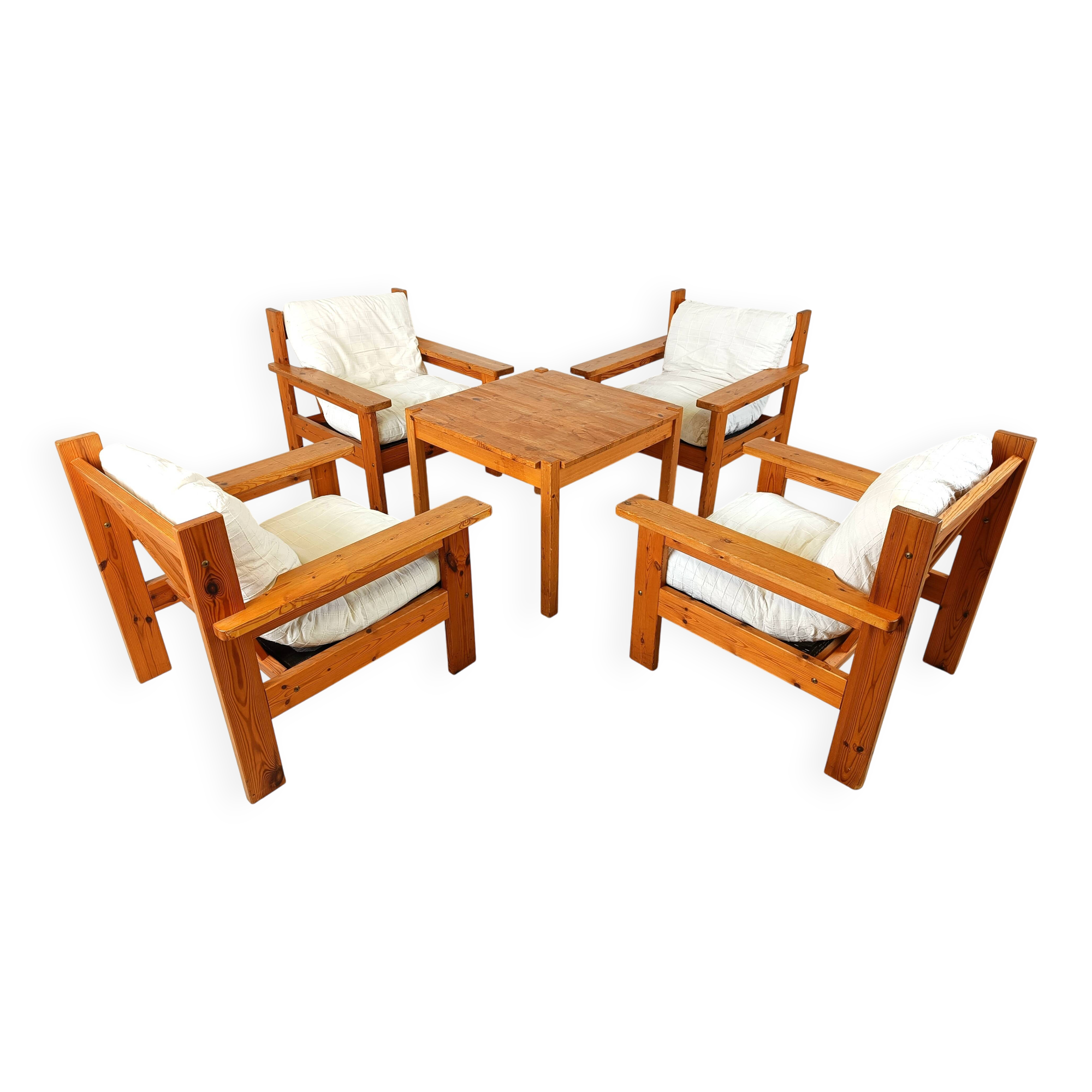 Vintage pine wood armchair set, 1980s