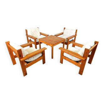 Vintage pine wood armchair set, 1980s
