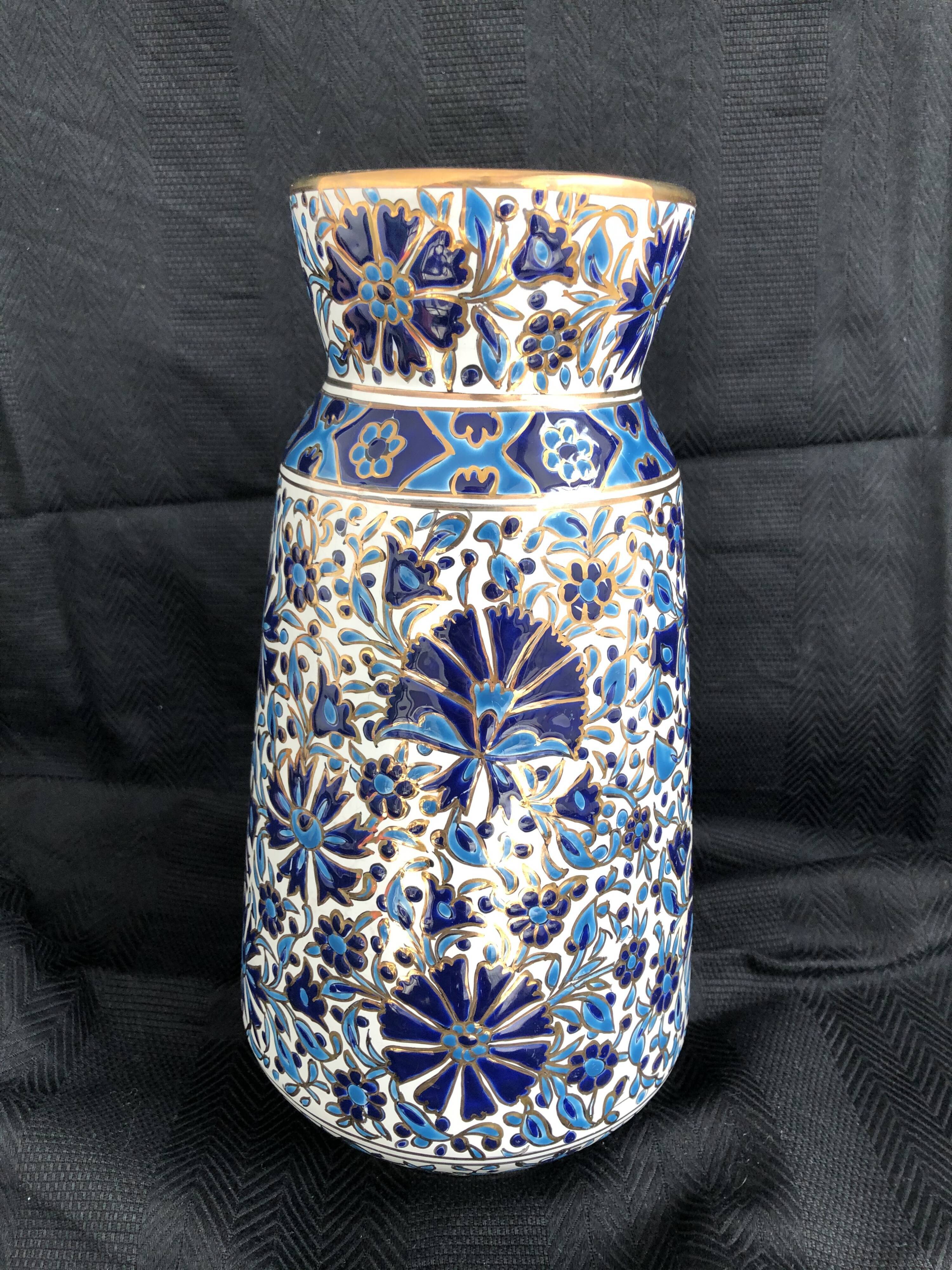Vase grec vintage Nassos Hellas Rodos or bleu et blanc