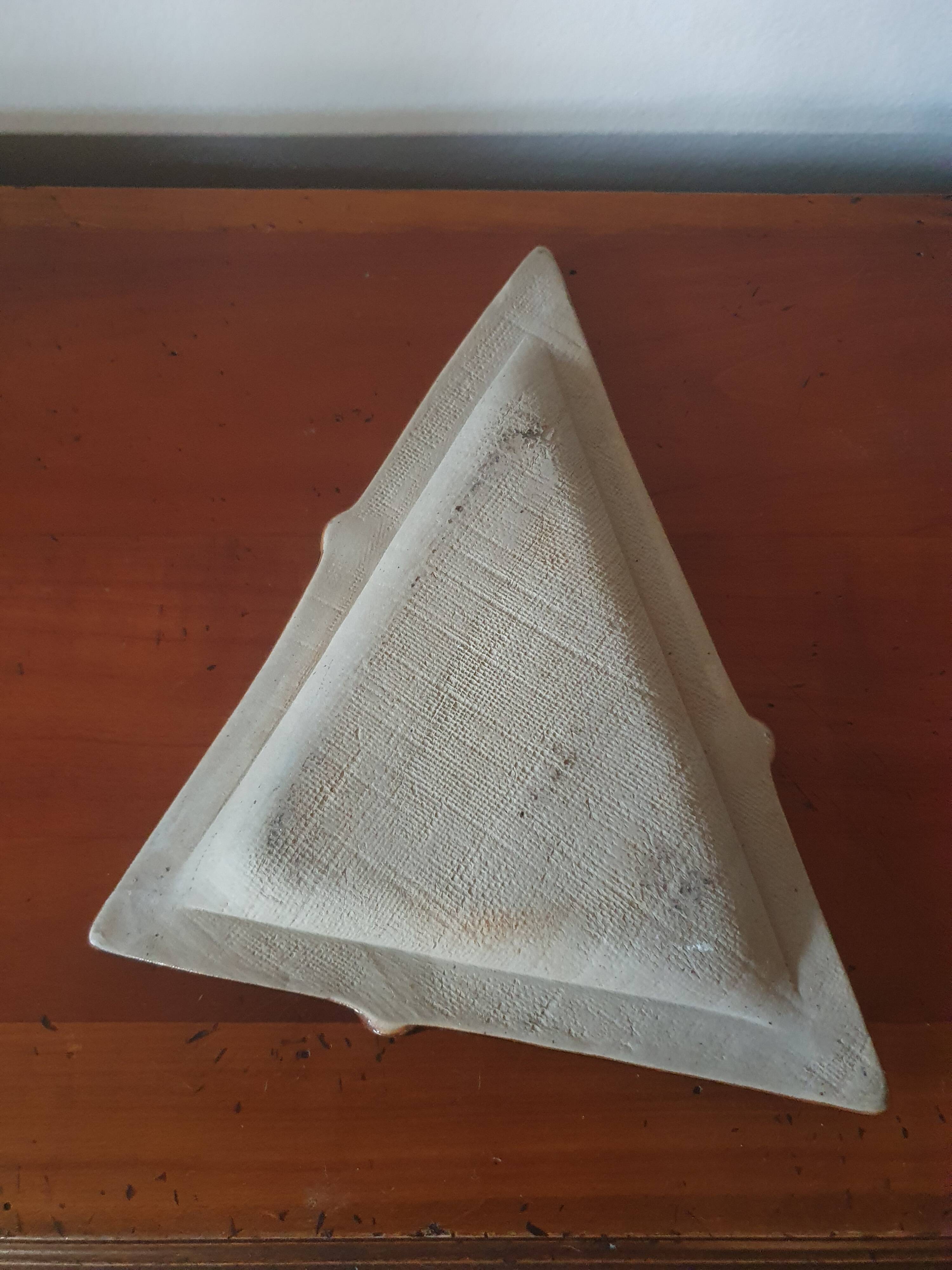 Vintage blue triangle ashtray in glazed stoneware