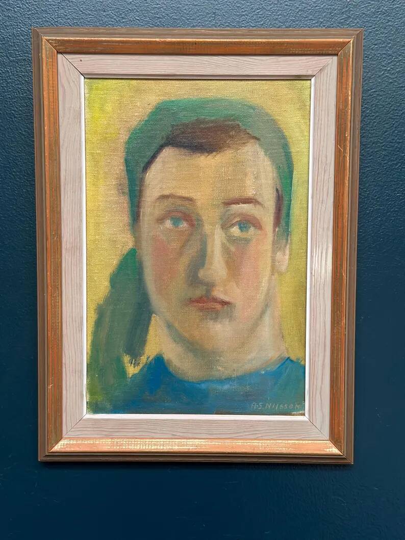 Huile sur panneau d'origine suédoise – "Portrait" par A.-S. Nilsson – Signé – Vintage et encadré – 44 × 32 cm (17,3" × 12,6")
