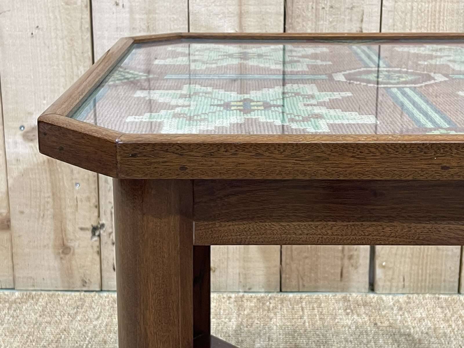 Art Deco side table in mahogany, fabric and glass.