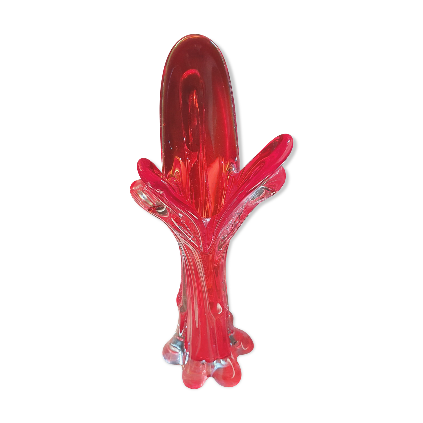 Trilobe vase in transparent Murano glass and vintage magenta
