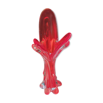 Vase trilobe en verre de Murano transparent et magenta Vintage