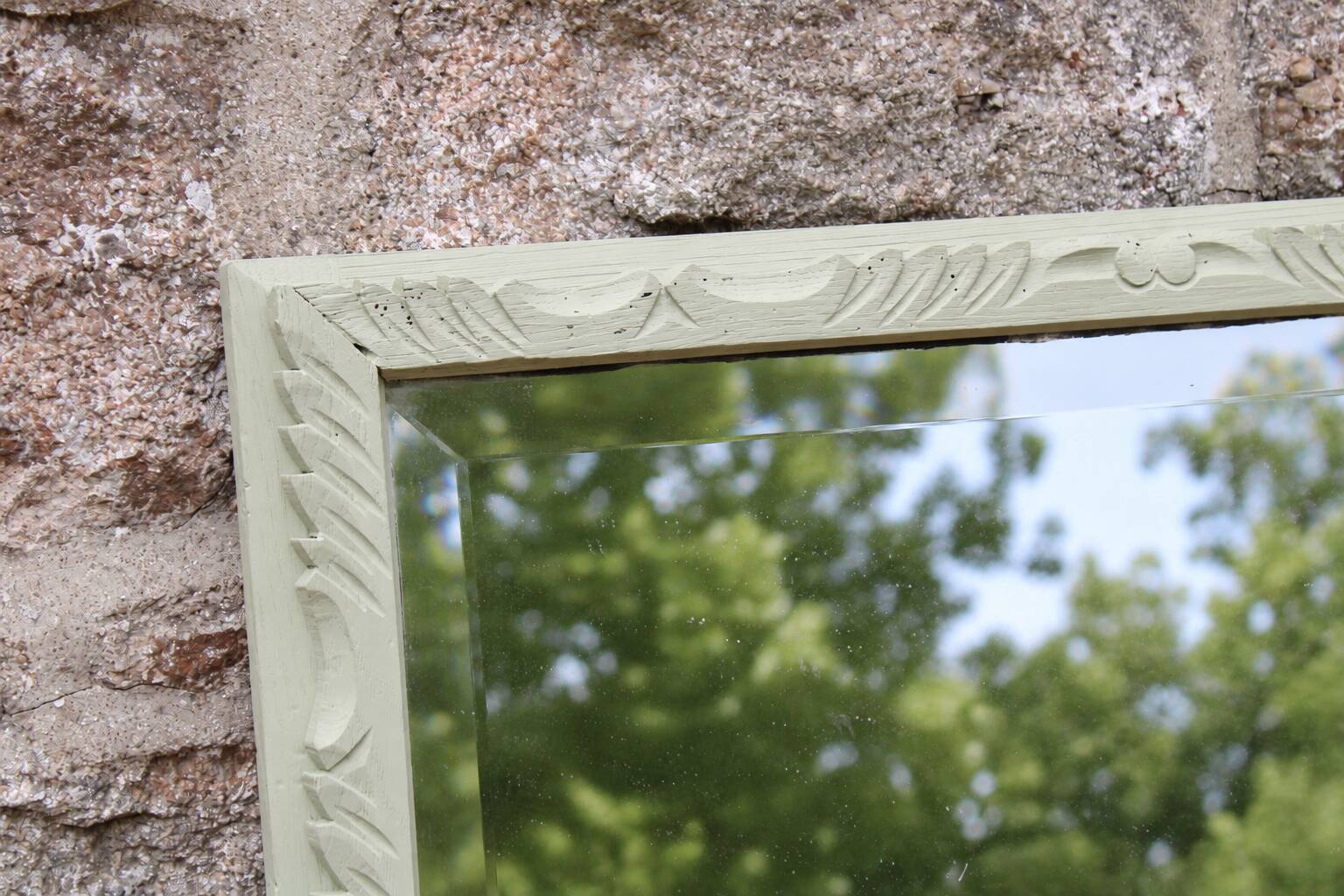 Large antique bevelled mirror in carved solid wood, green lizard – 129 × 75