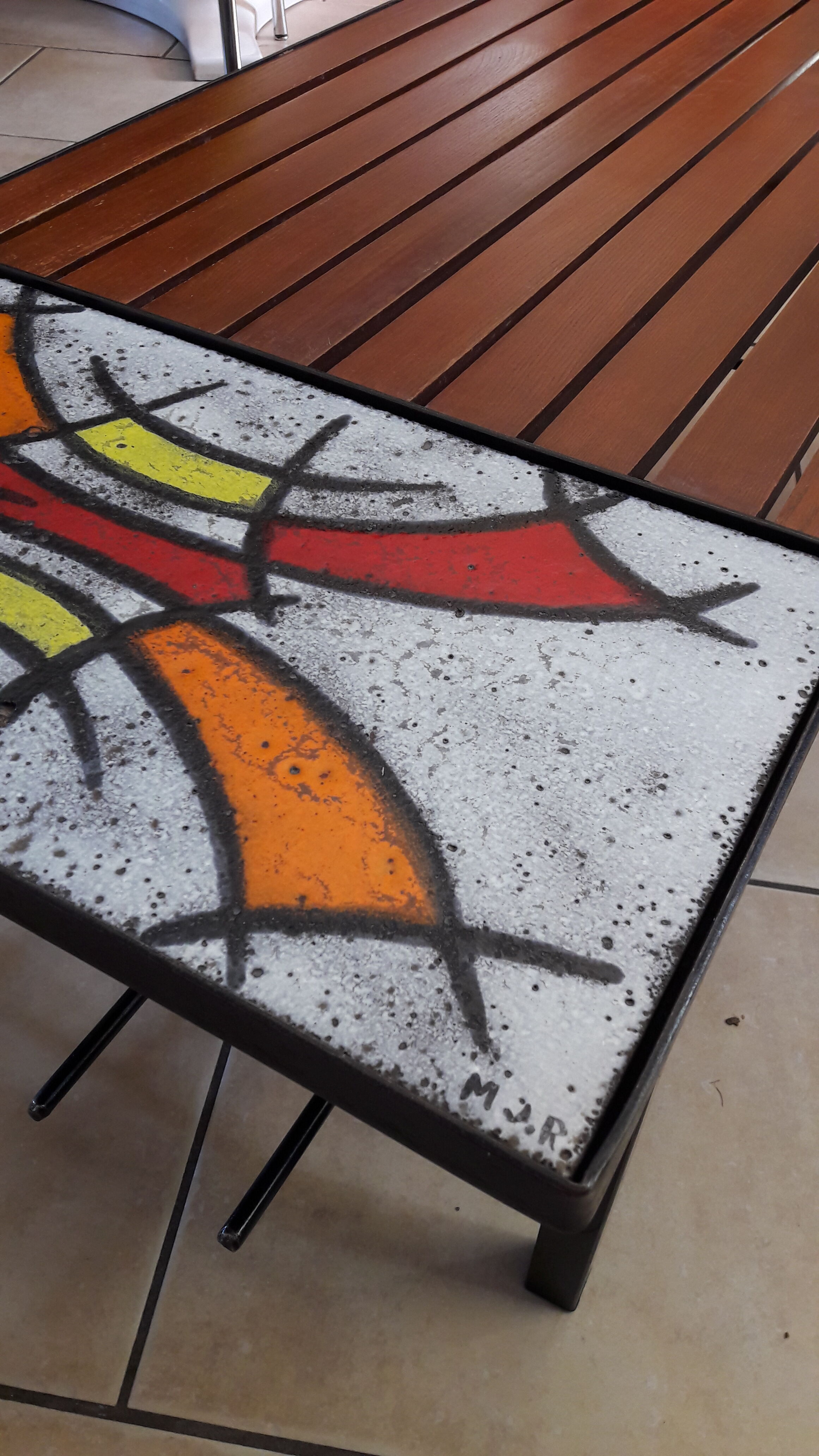 Coffee table tray teak ceramic signed MJR 60s