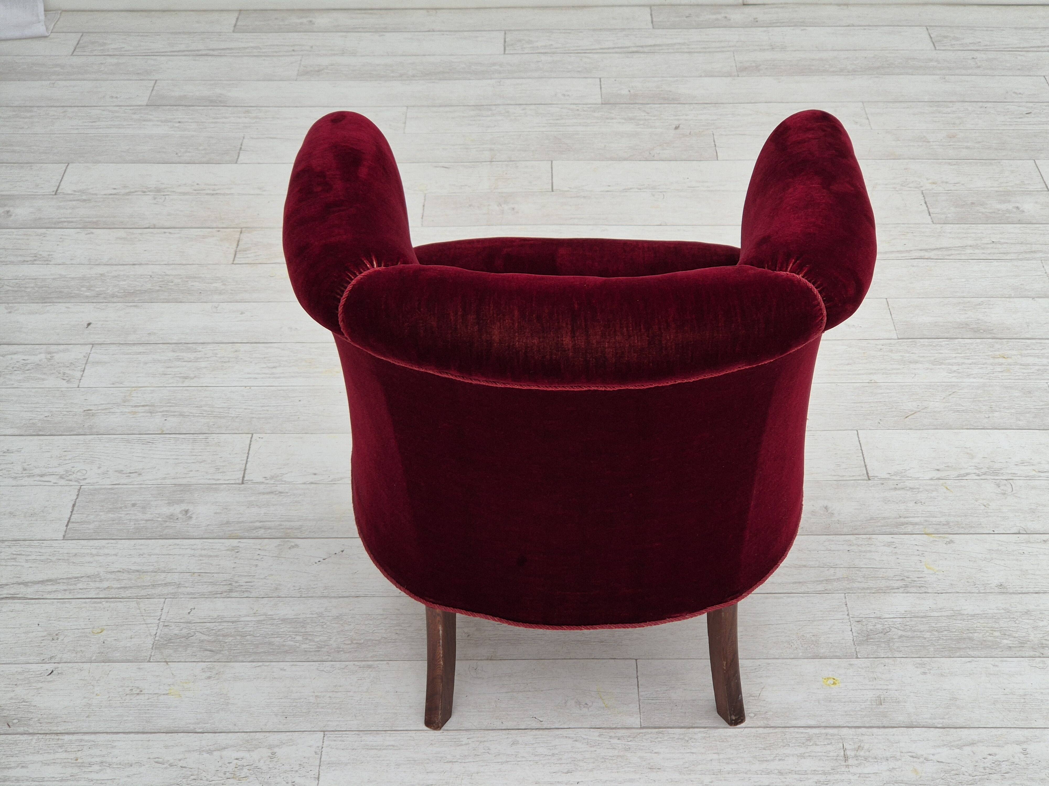 1960s, Danish lounge chair, furniture velour, beech wood legs, original condition.