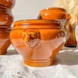 6 vintage ceramic lion head onion soup bowls in the Emile Henry style - honey and black, made in France - traditional elegance