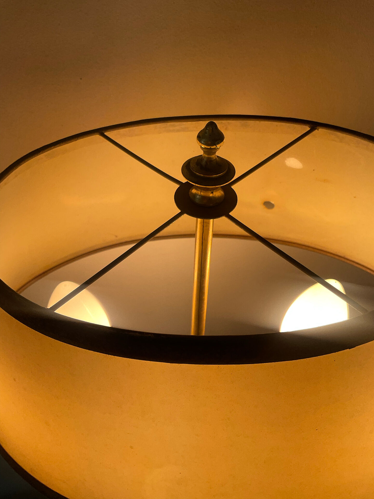 Directoire style bouillotte lamp in brass with double lights.