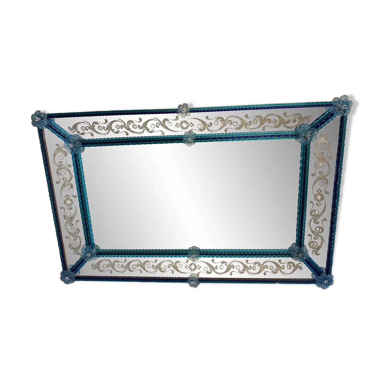 Stylish Modern Venetian Blue Mirror with Hand-Carved Murano Glass Frame