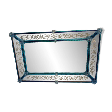 Stylish Modern Venetian Blue Mirror with Hand-Carved Murano Glass Frame