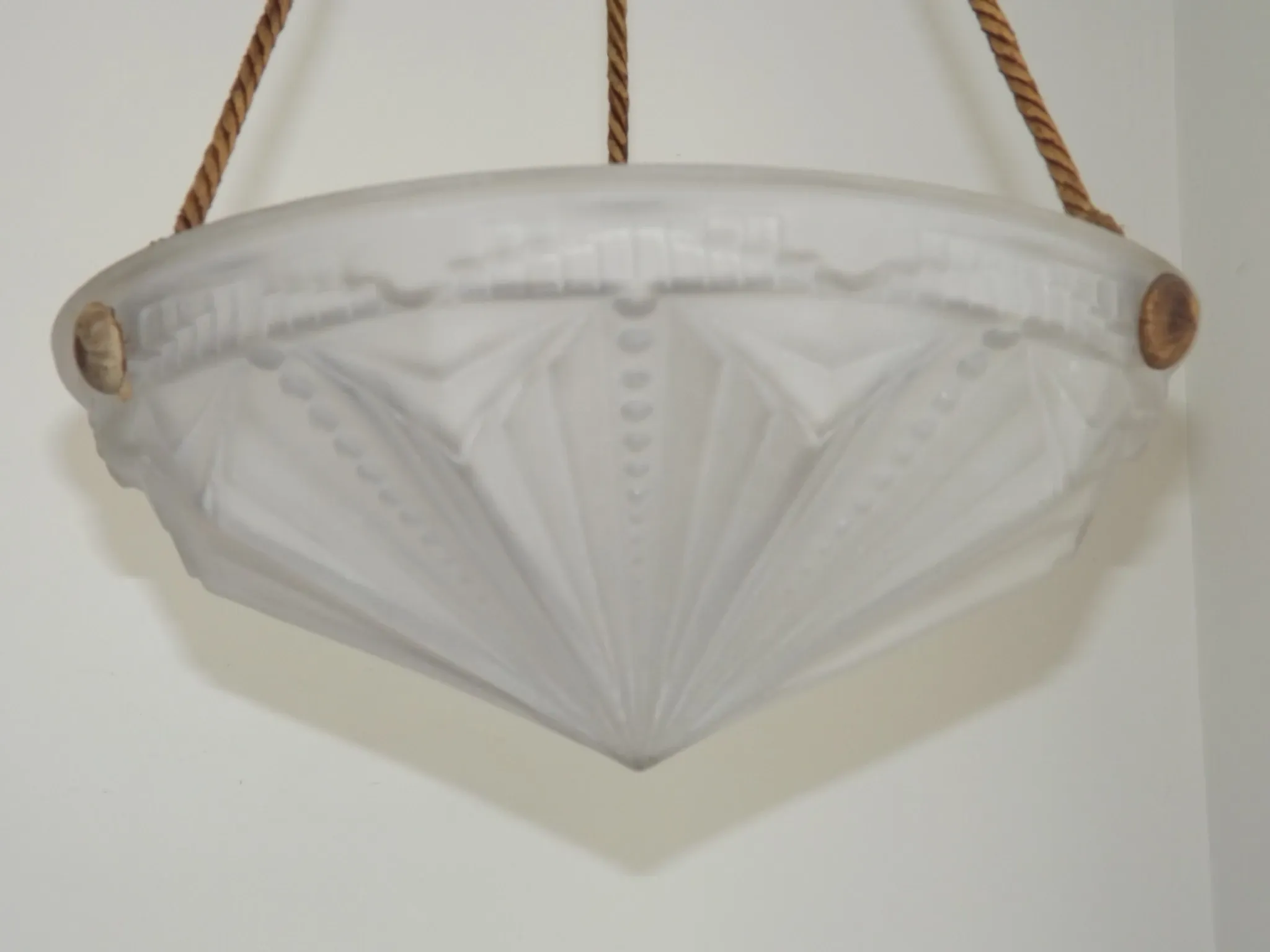 French Vintage Art Deco White Glass Abstract Platformier Ceiling LIght