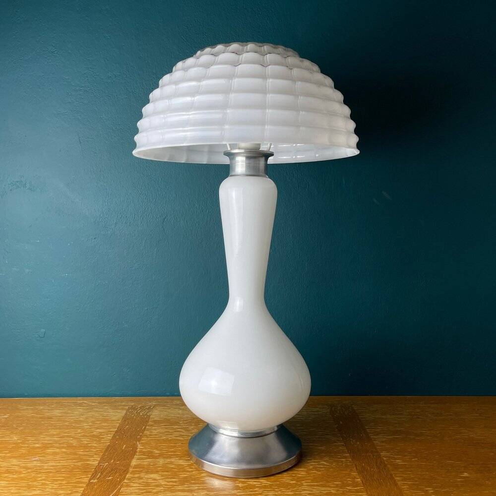 Large Mushroom Table Lamp in White Murano Glass, Italy, 1970s