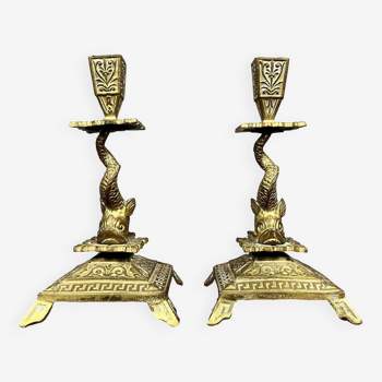 Pair of bronze candlesticks decorated with dolphins, 19th century