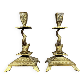 Pair of bronze candlesticks decorated with dolphins, 19th century