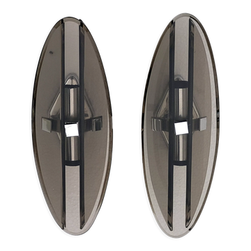 Pair of elliptical italian wall lamps in smoked glass and chrome veca