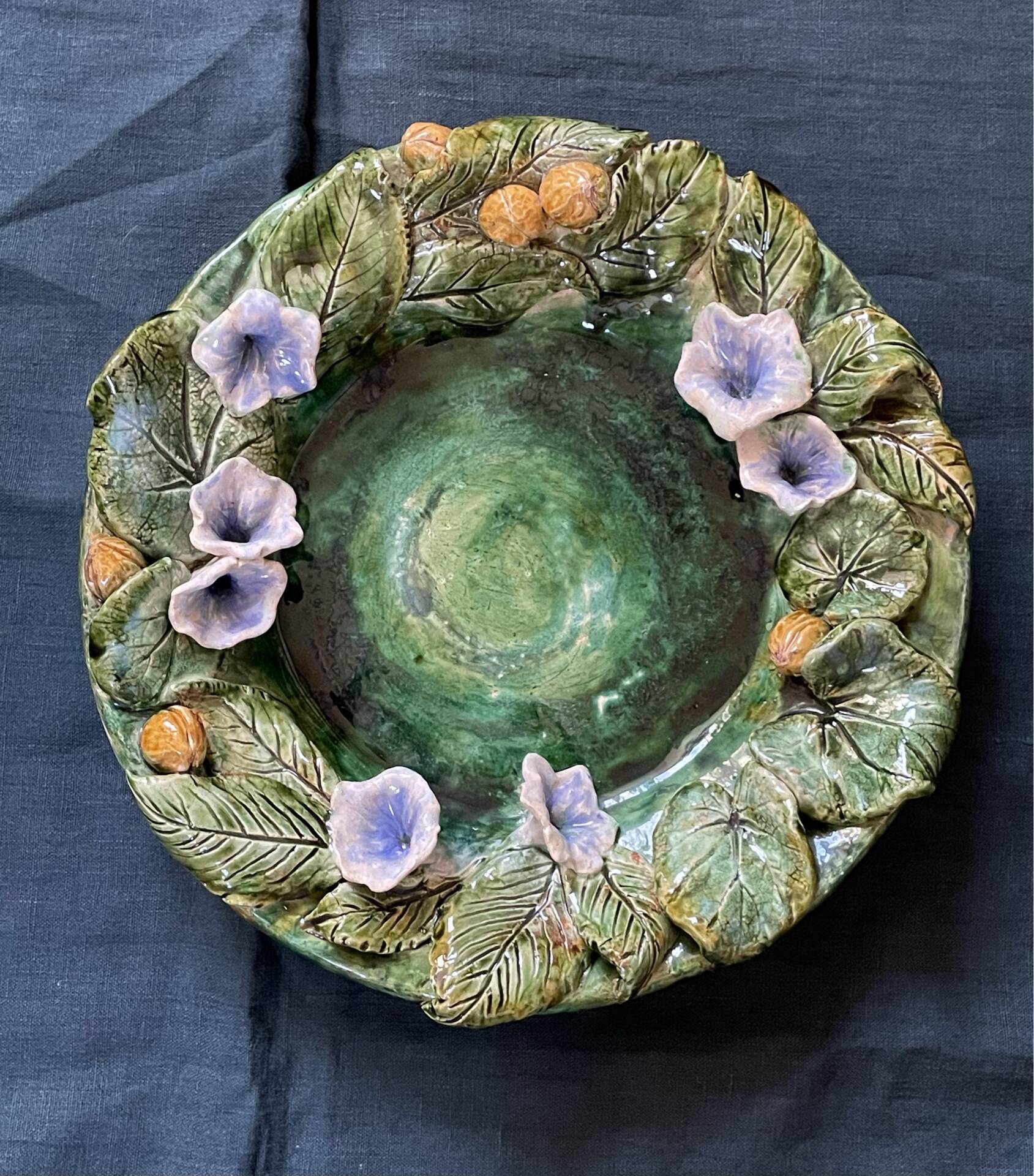 Old Hollow Round Plate in Majolica Barbotine Decorated with Bindweed and Nuts