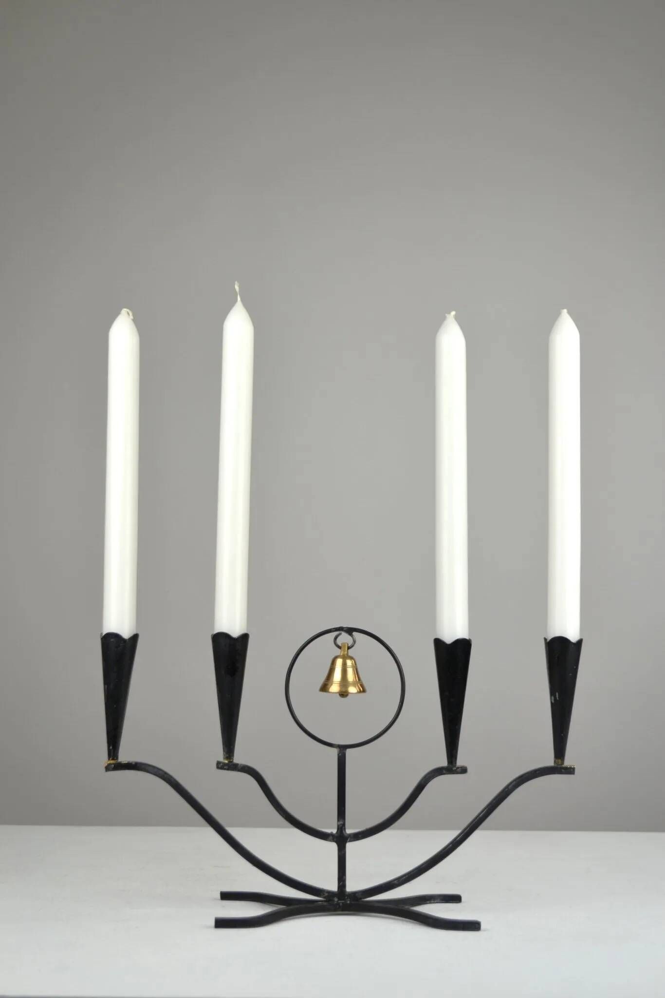 Four-Candle Candelabra with Brass Bell — Ystad-Metall, Sweden, 1950s