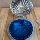 Vintage shell butter dish in silver-plated metal and blue glass – complete