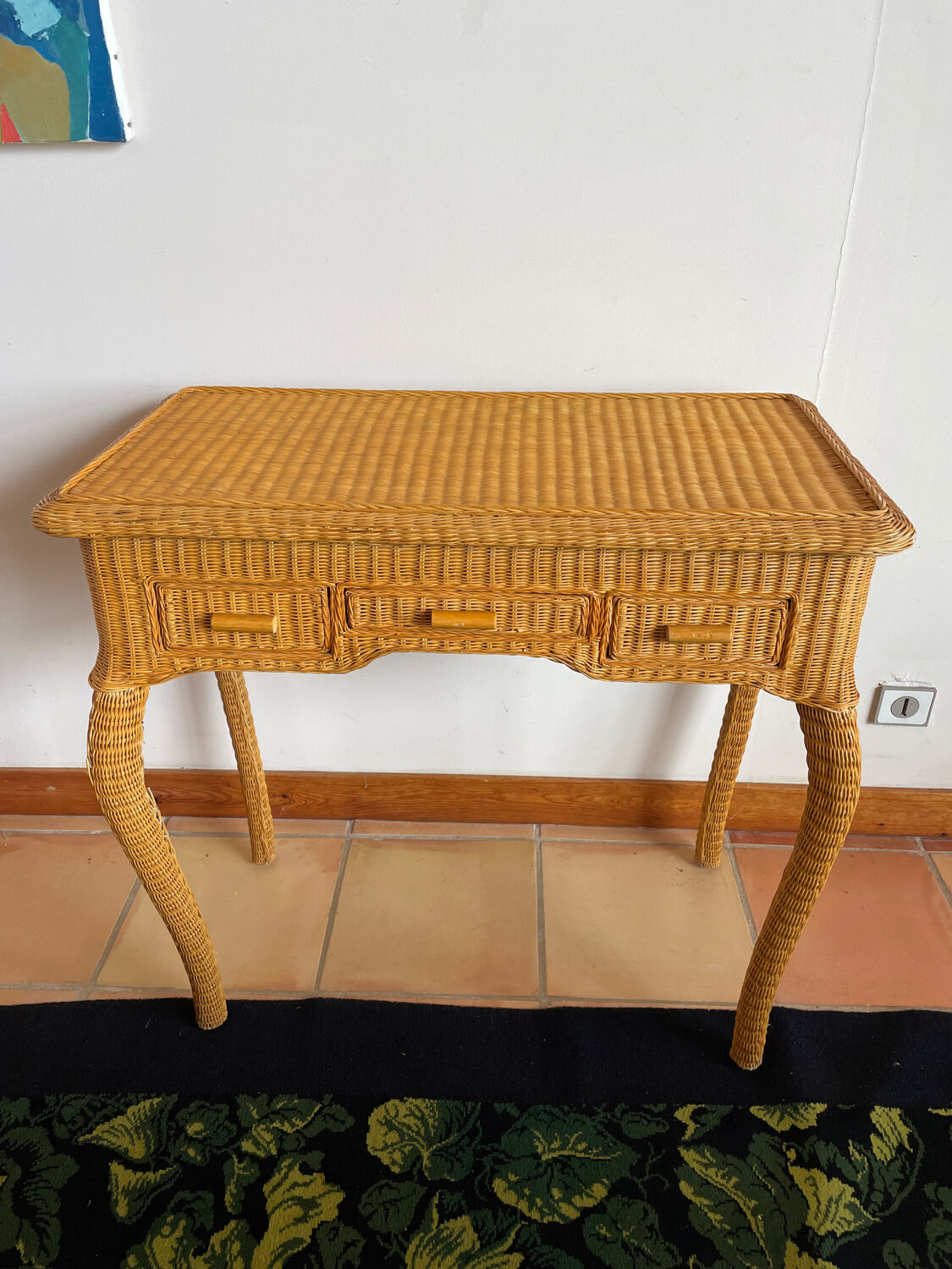 Rattan console desk with curved legs, 1970s