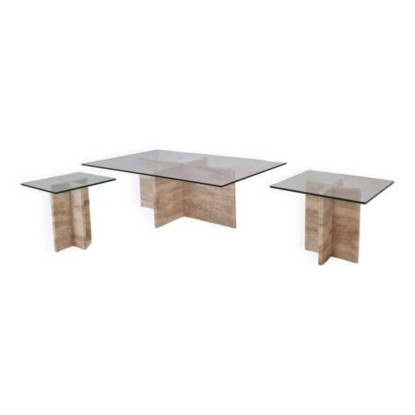 Ensemble de 3 tables basses ou d'appoint en marbre italien avec verre, années 1980