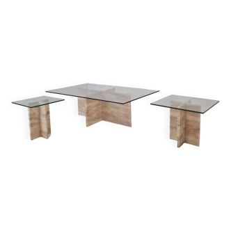 Set of 3 Italian Marble Coffee or Side Tables with Glass, 1980s