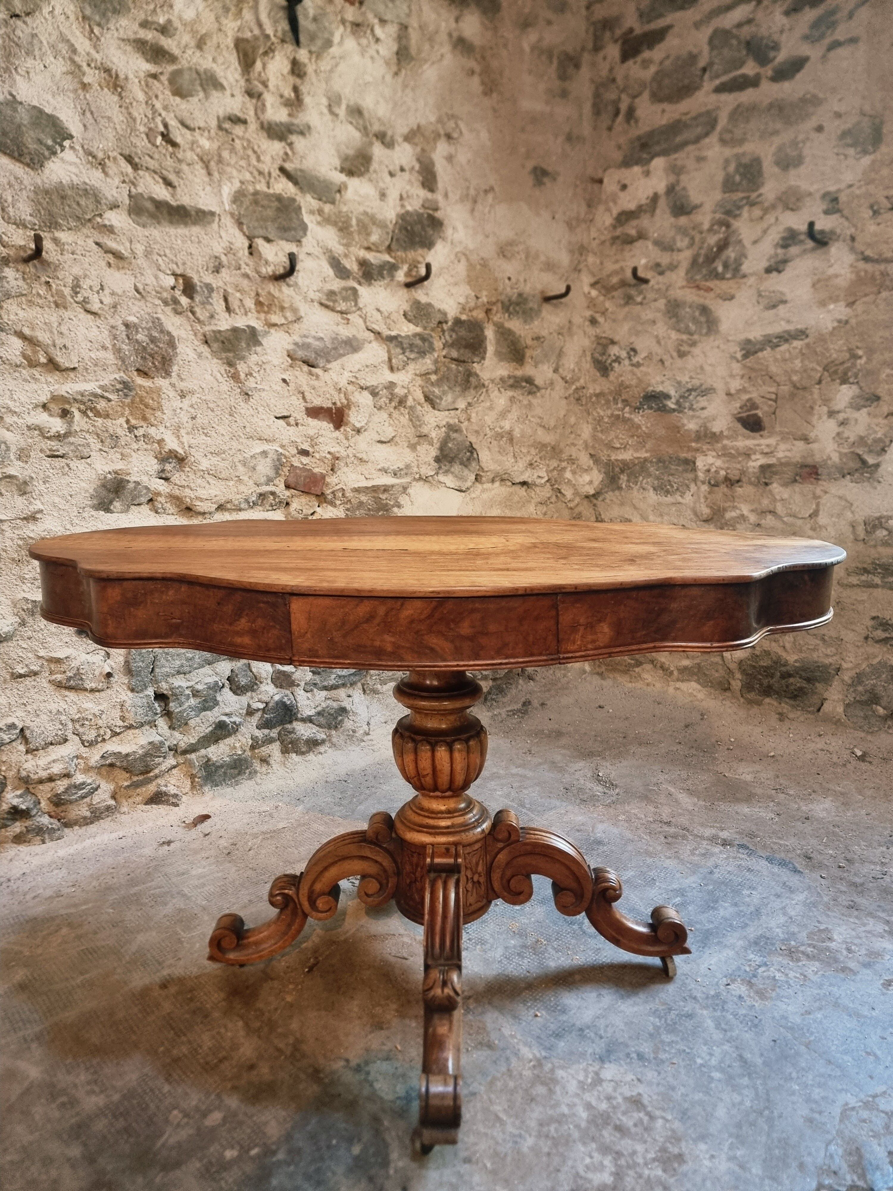 French antique walnut violin table, centre table with drawer, circa 1880–1900.