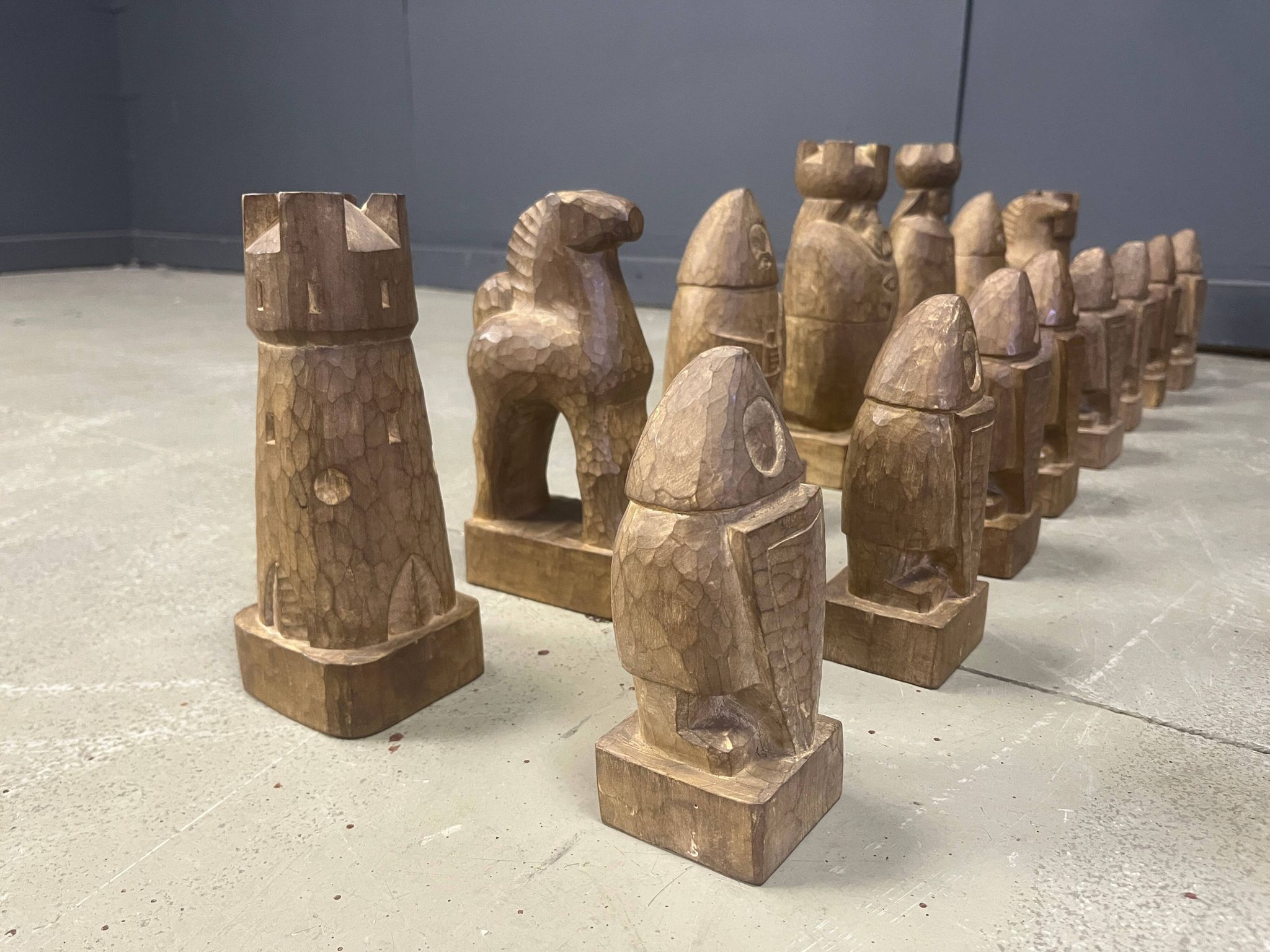 Large hand crafted wooden chess figure set, 1960s