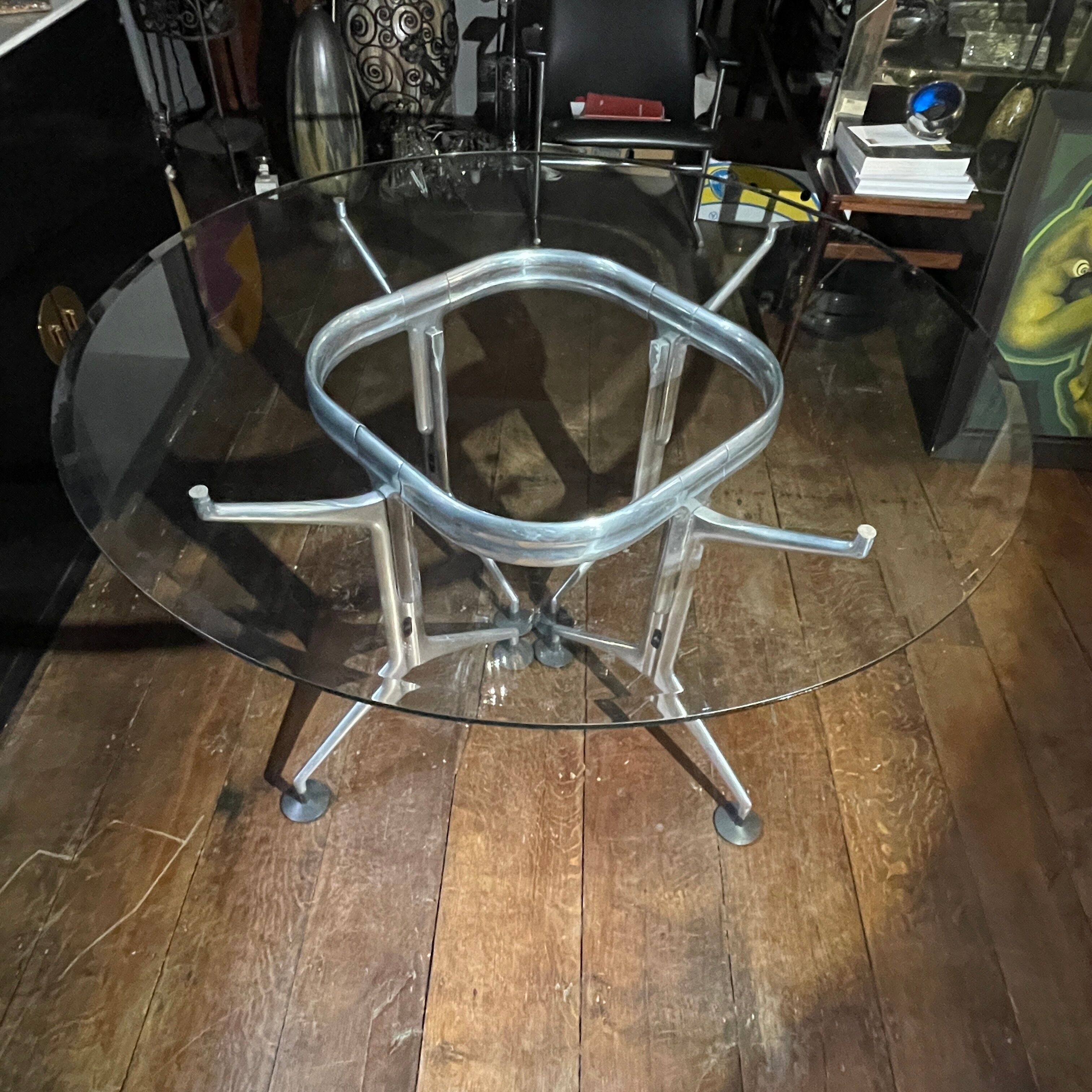 Vintage Round Dining Table in Brushed Aluminum & Beveled Glass, 1970s