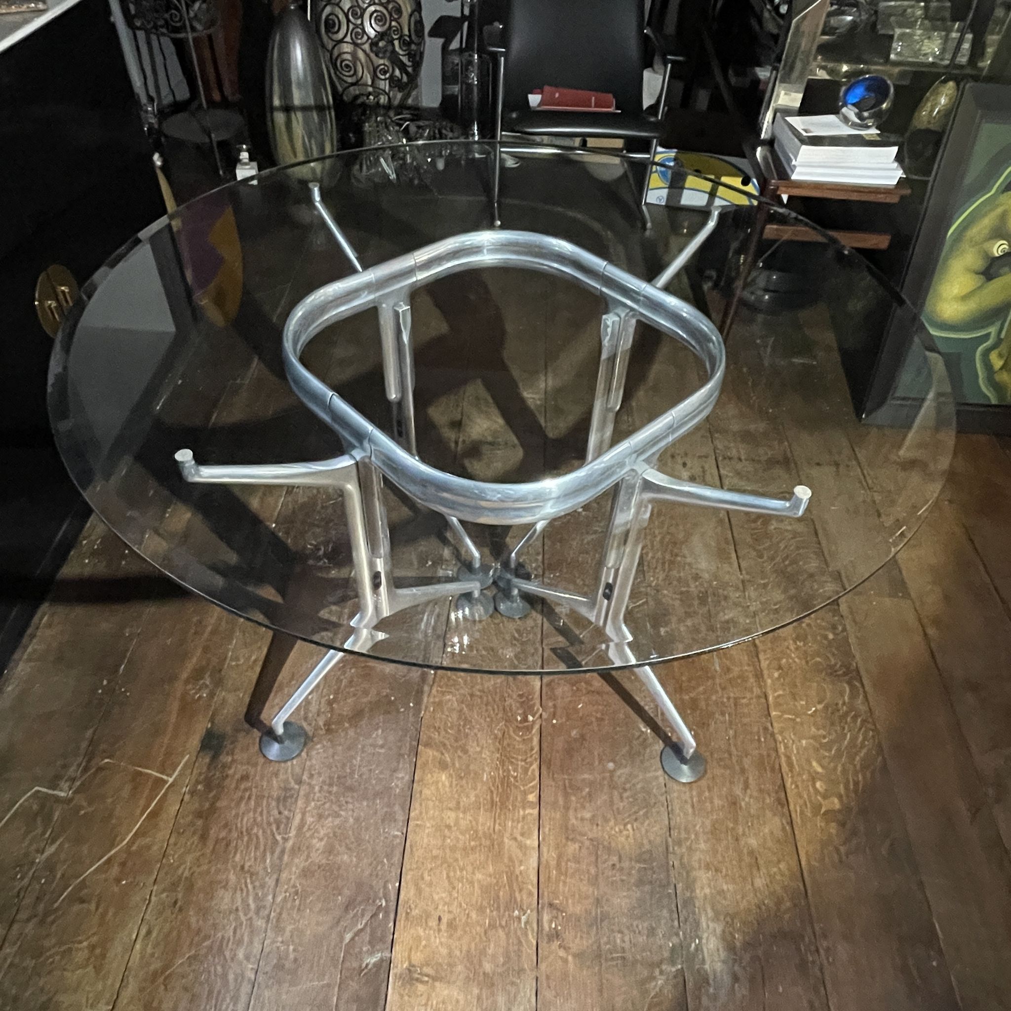 Vintage Round Dining Table in Brushed Aluminum & Beveled Glass, 1970s