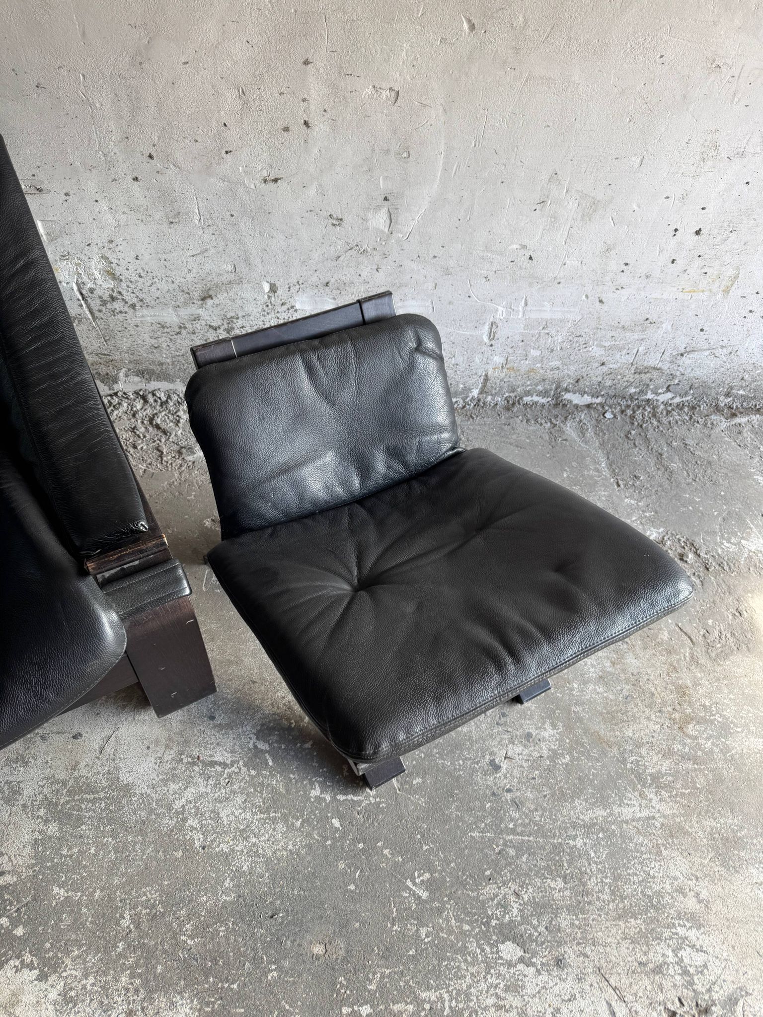 Vintage Scandinavian Black Leather Armchair with Ottoman — Solid Dark Wood Frame, Mid‑Century Modern
