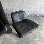 Vintage Scandinavian Black Leather Armchair with Ottoman — Solid Dark Wood Frame, Mid‑Century Modern