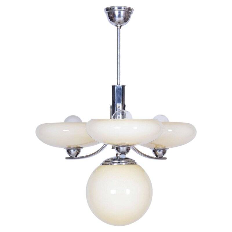 Art Deco Chandelier in Chrome-Plated Steel and Opal Glass, Czech, 1920s