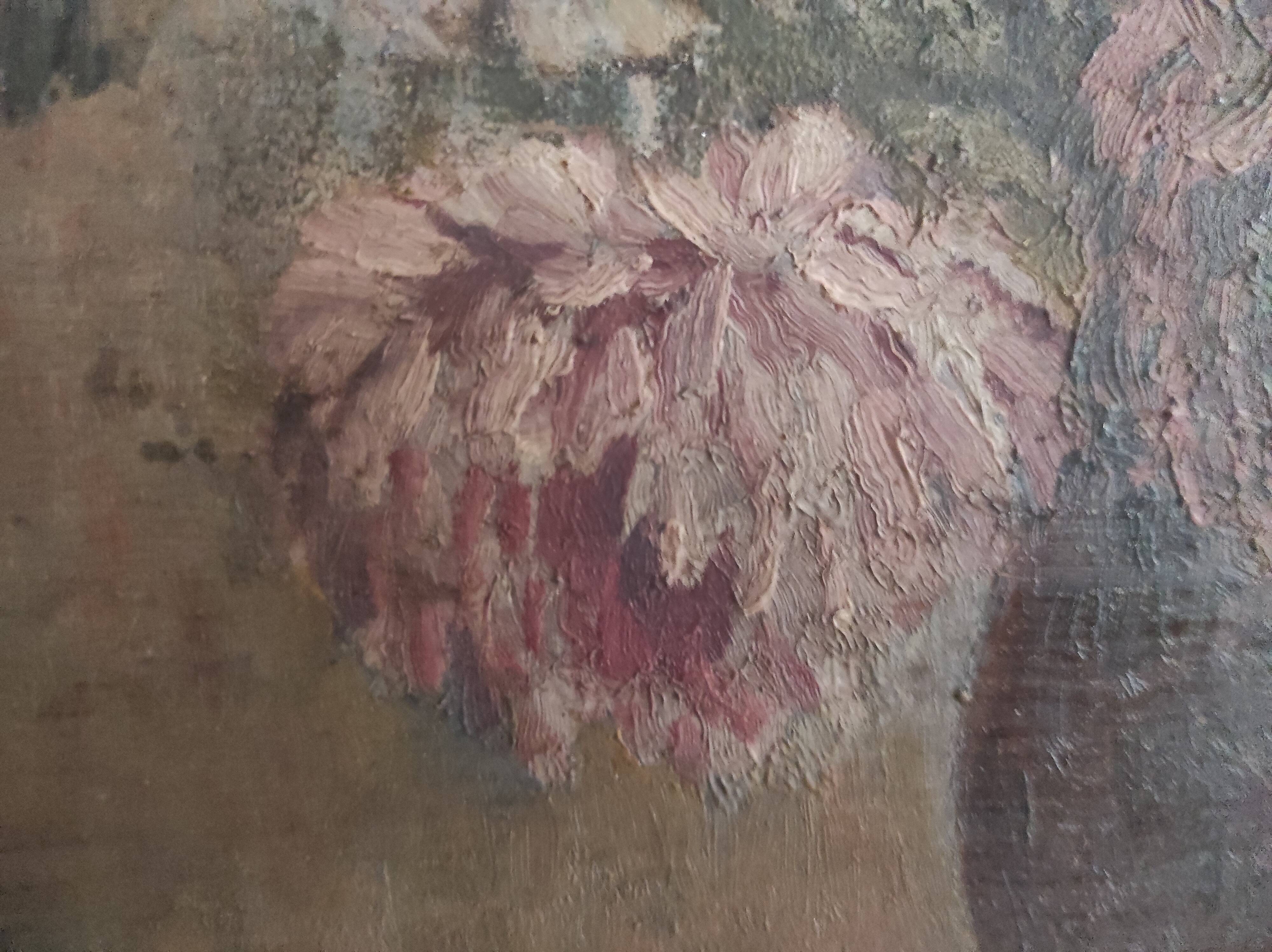 Vintage French oil painting of chrysanthemums