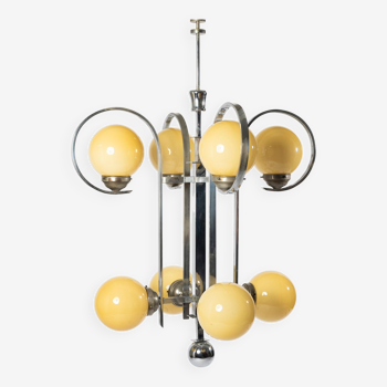 Art deco chandelier in chrome plated steel and yellow glass, 1930s