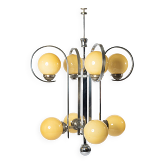 Art deco chandelier in chrome plated steel and yellow glass, 1930s