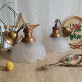 Pair of frosted glass flower pendant lights with vintage wood and brass