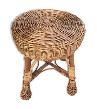 Tabouret De Pêche Vintage Osier - Années 50/60 - Avec Rangement & Anse - Dans Son Jus