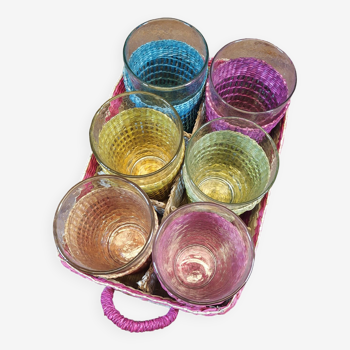 Colorful wicker basket with 6 glass compartments