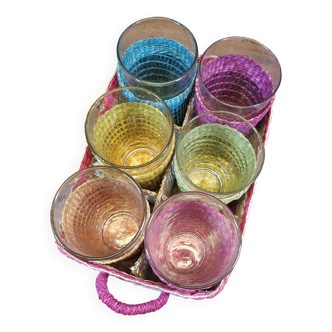 Colorful wicker basket with 6 glass compartments