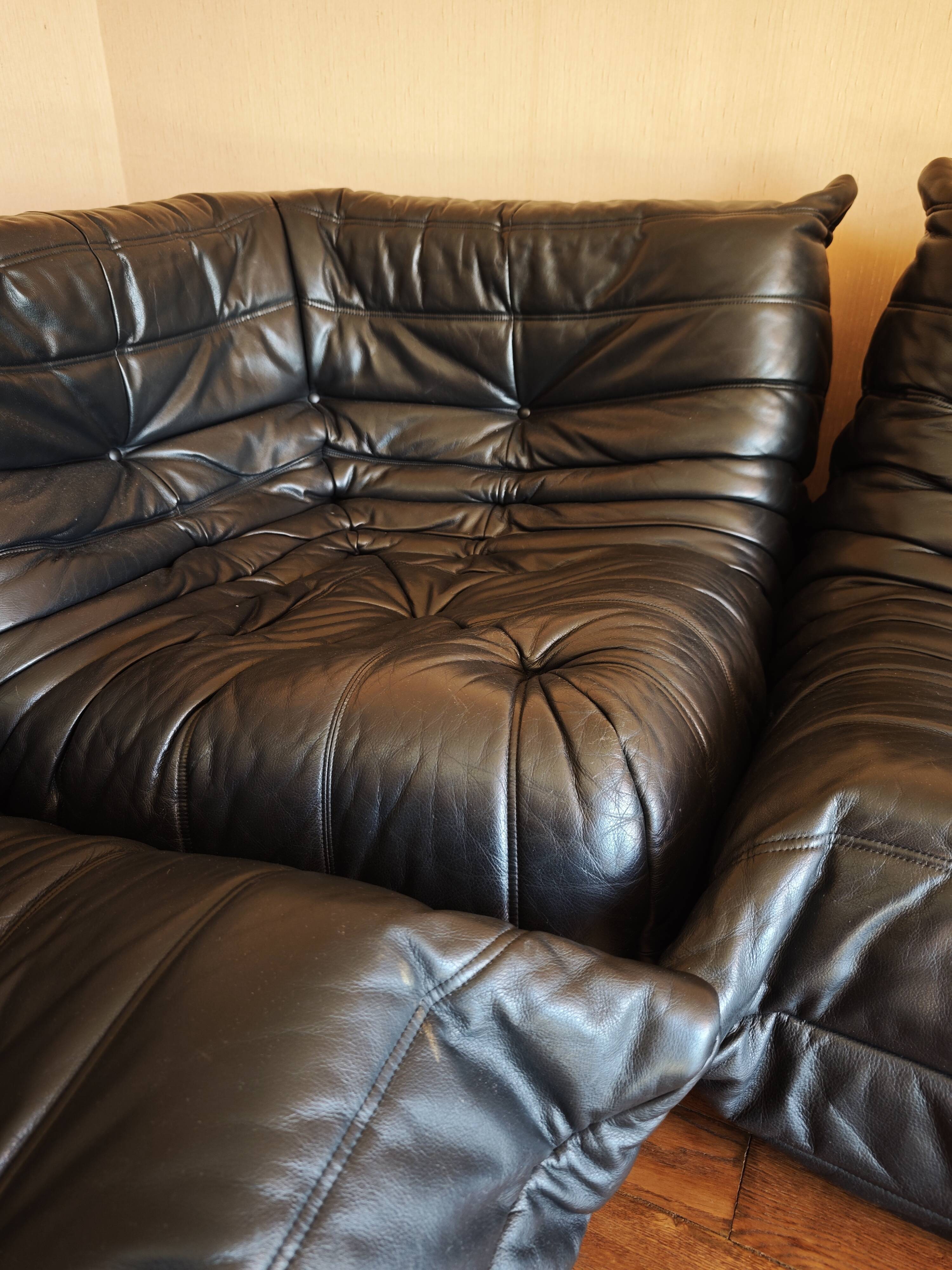 Ligne Roset Togo sofa, 3-seater, 2-seater, and corner in black leather.