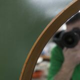 Unusual round wall mirror 60 cm teak edge on green rectangular board 1960.